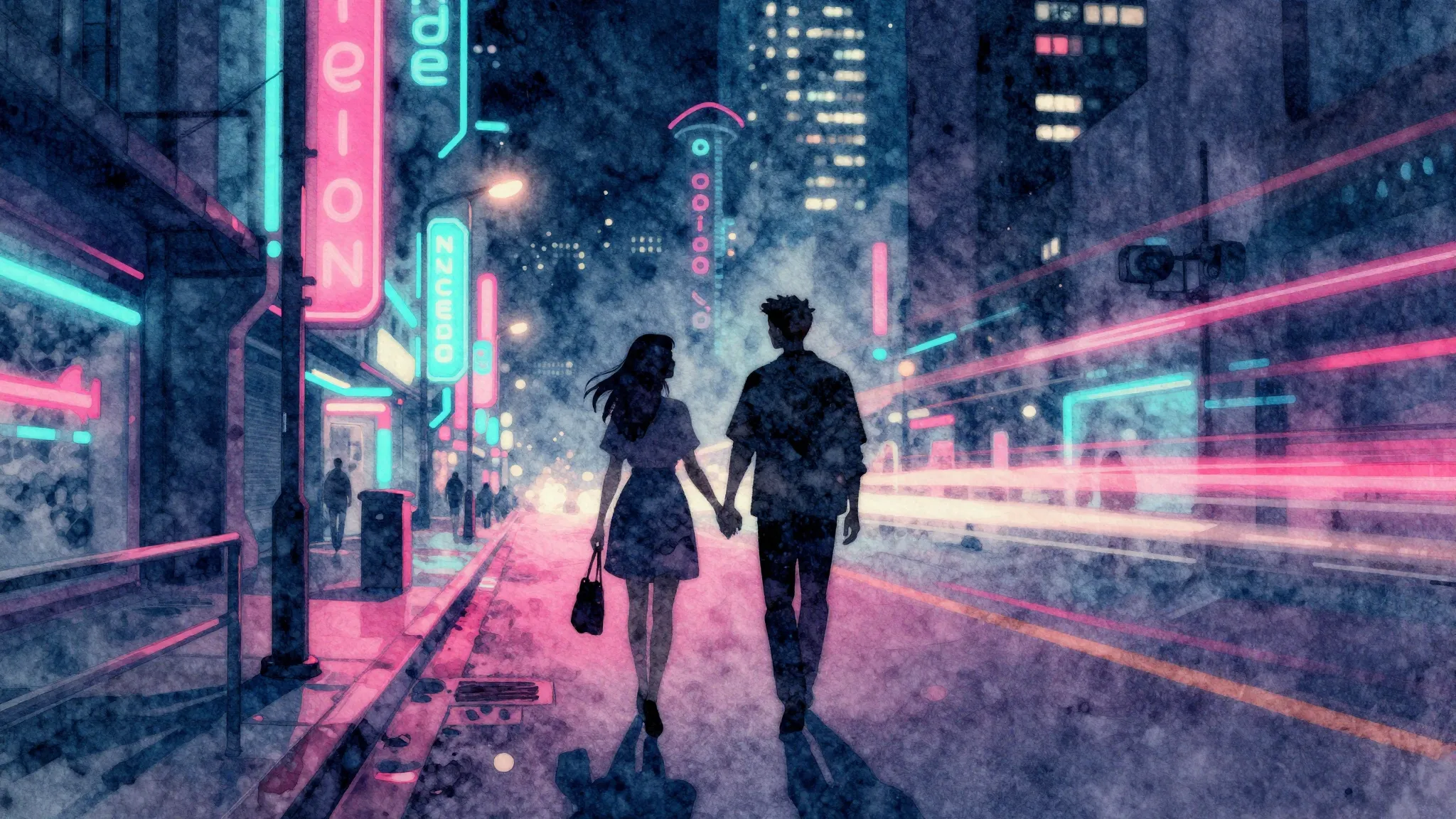 Watercolor style. Neon city street at night, glowing lights,...