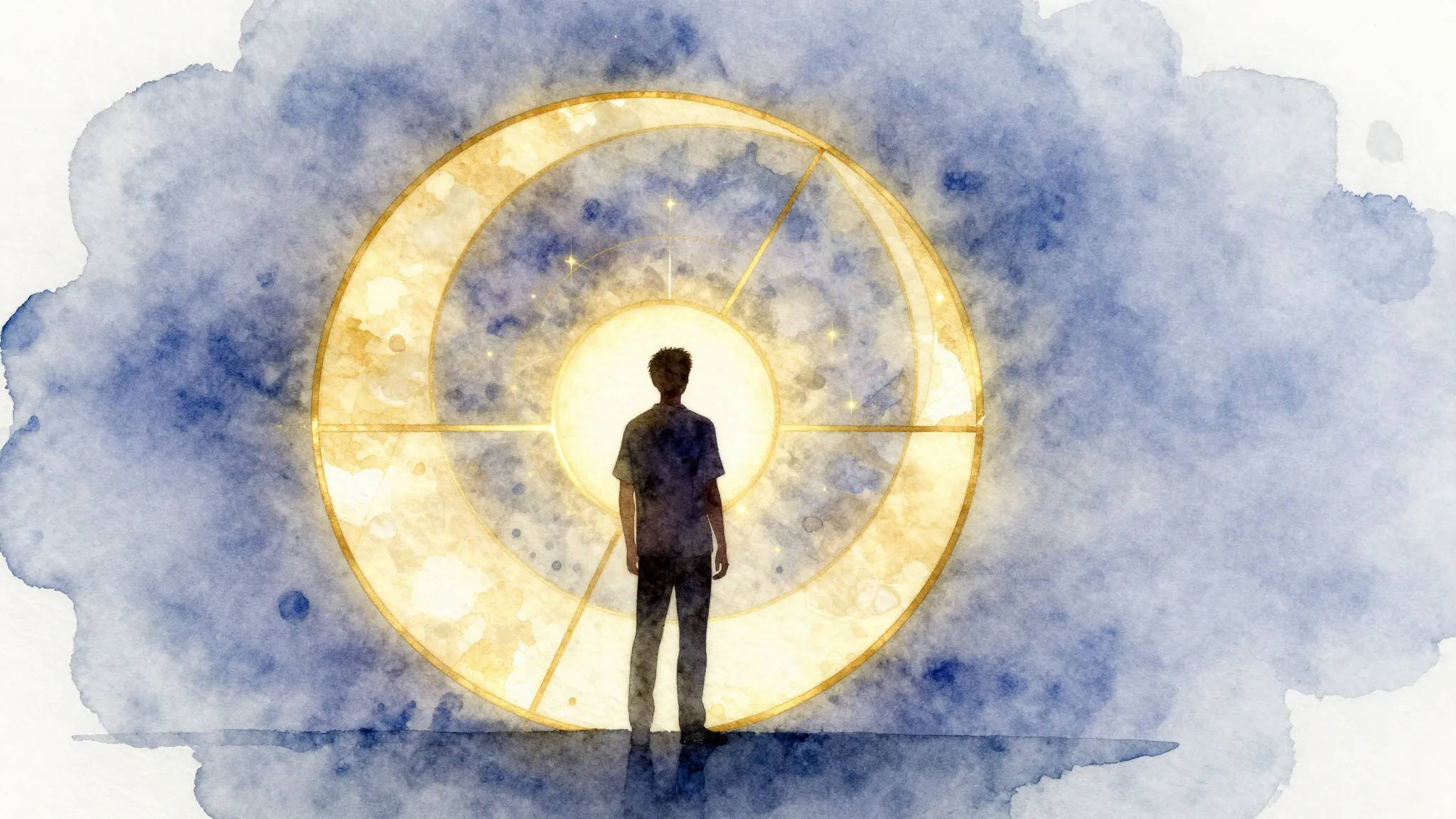 Watercolor style. Silhouette of a person standing before a g...