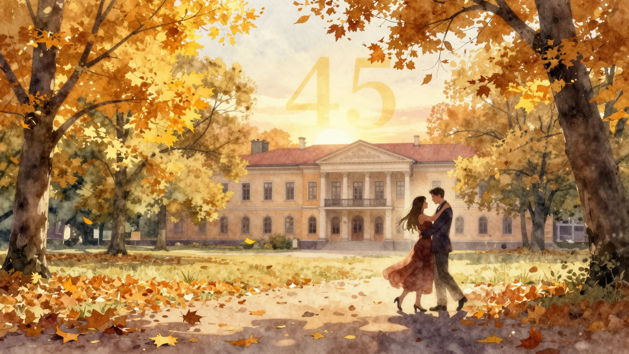 Watercolor style. A golden autumn park with falling leaves, ...