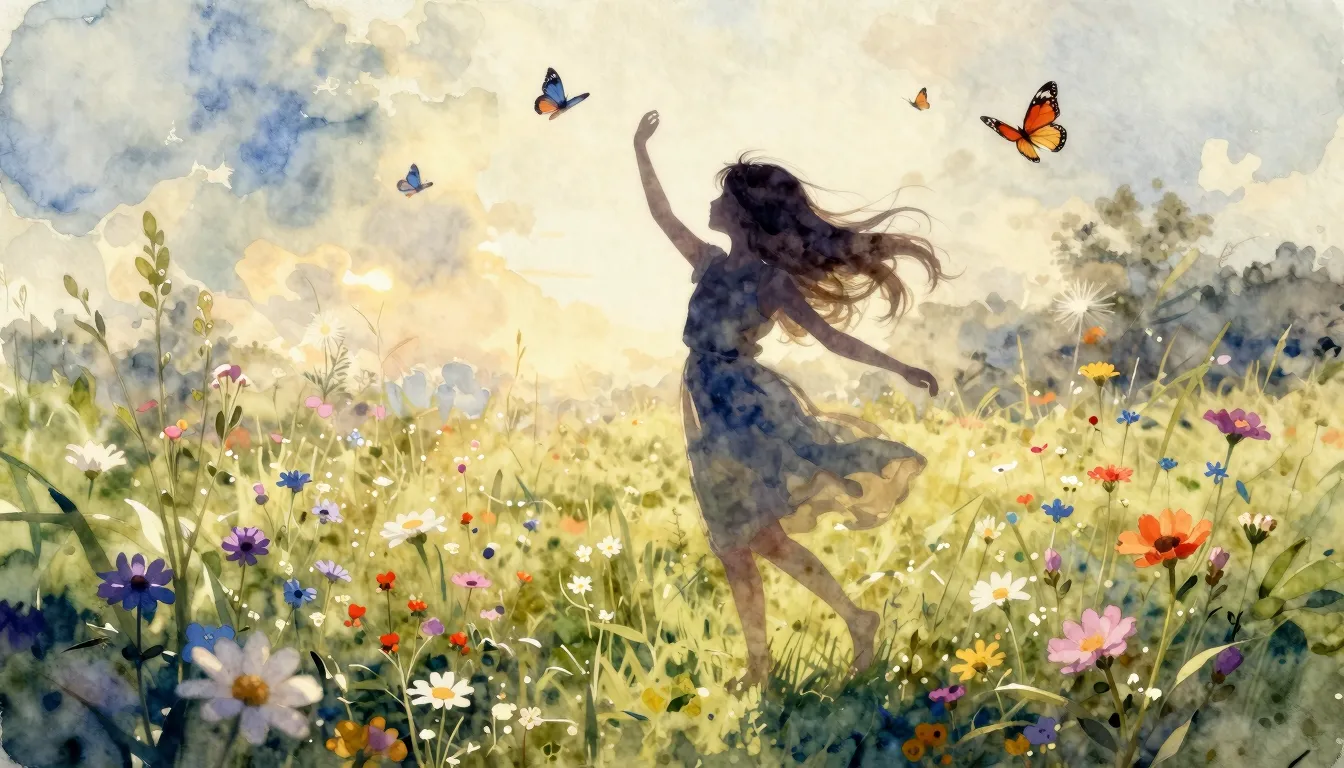 Watercolor style. A silhouette of a young girl with long flo...