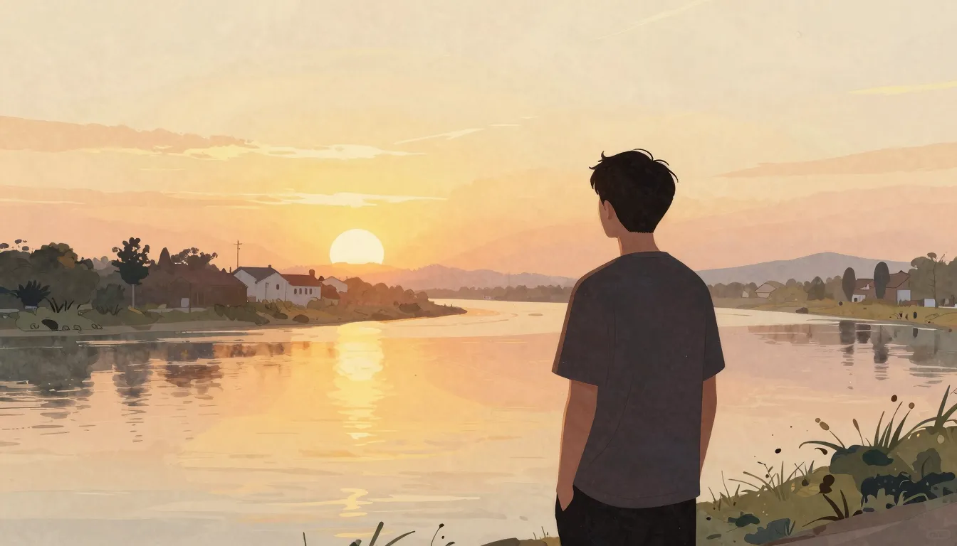 Watercolor style. A silhouette of a man looking at a wide ri...