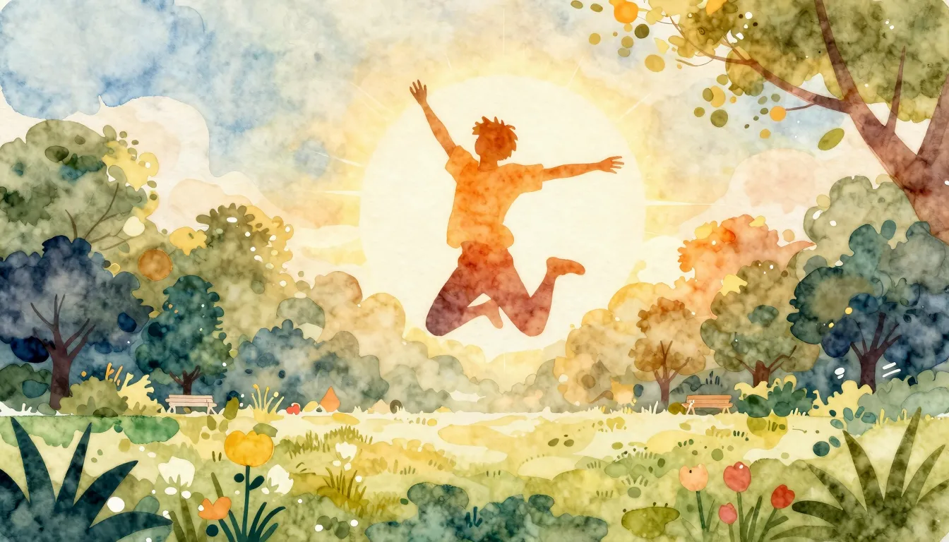 Watercolor style. Silhouette of a jumping figure in a sunny ...