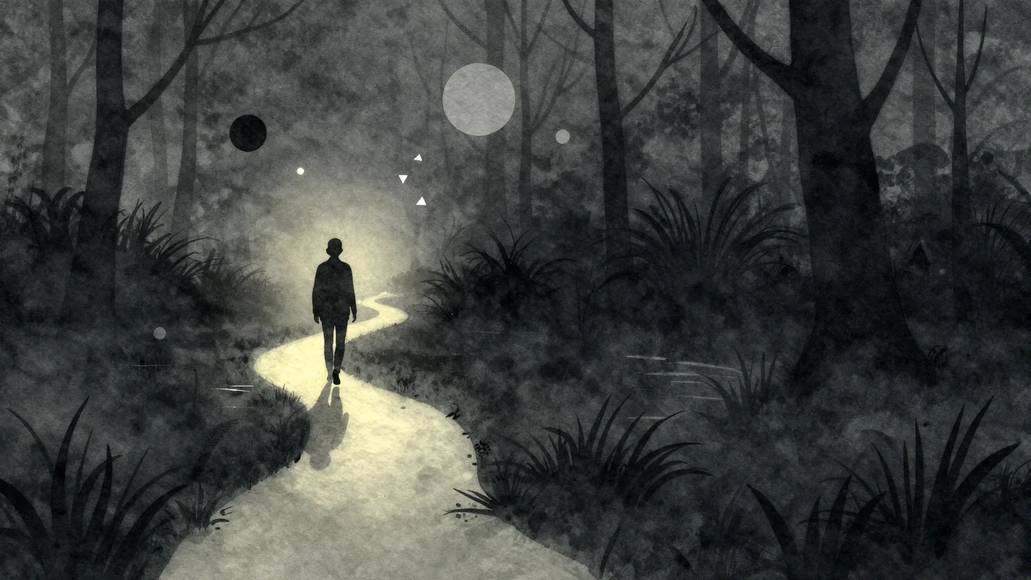 Watercolor style. A dark swamp with a glowing path leading o...