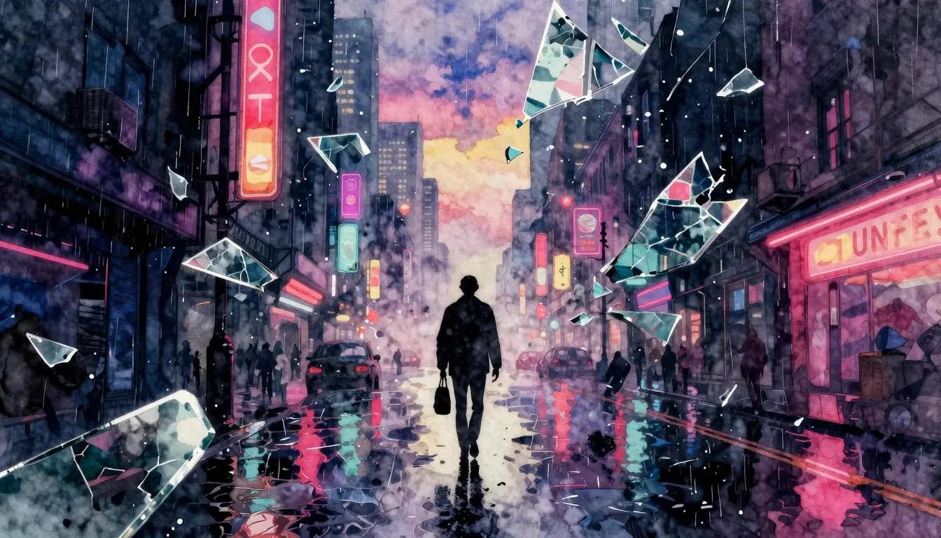 Vibrant watercolor style. Dark rock album cover. Neon city l...