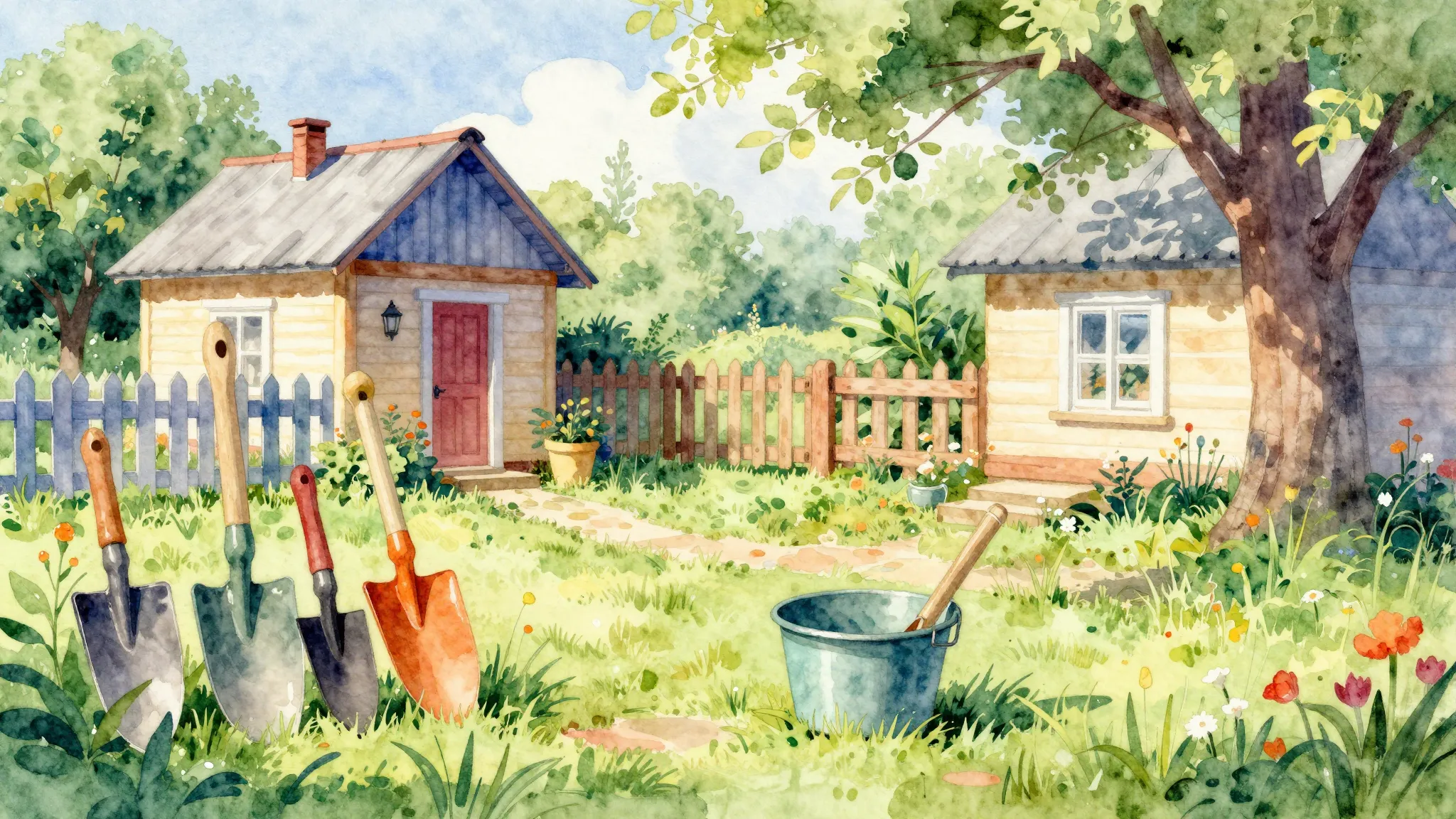 Vibrant watercolor style. Vibrant, joyful garden tools, a su...
