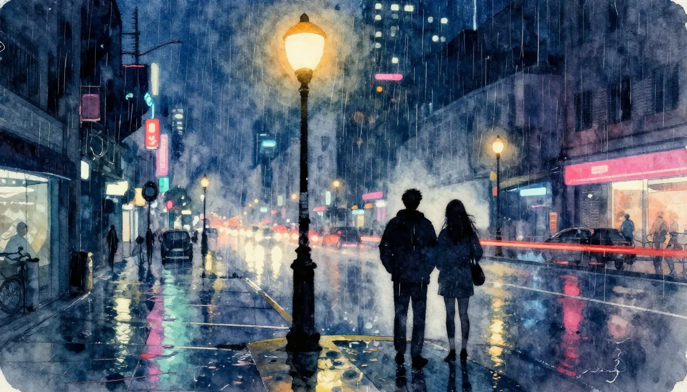 Watercolor style. A neon-lit city street at night, rain refl...