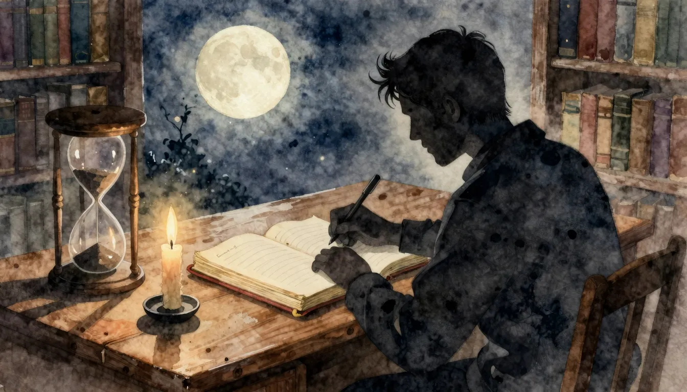 Watercolor style. A dark silhouette of a writer sitting at a...