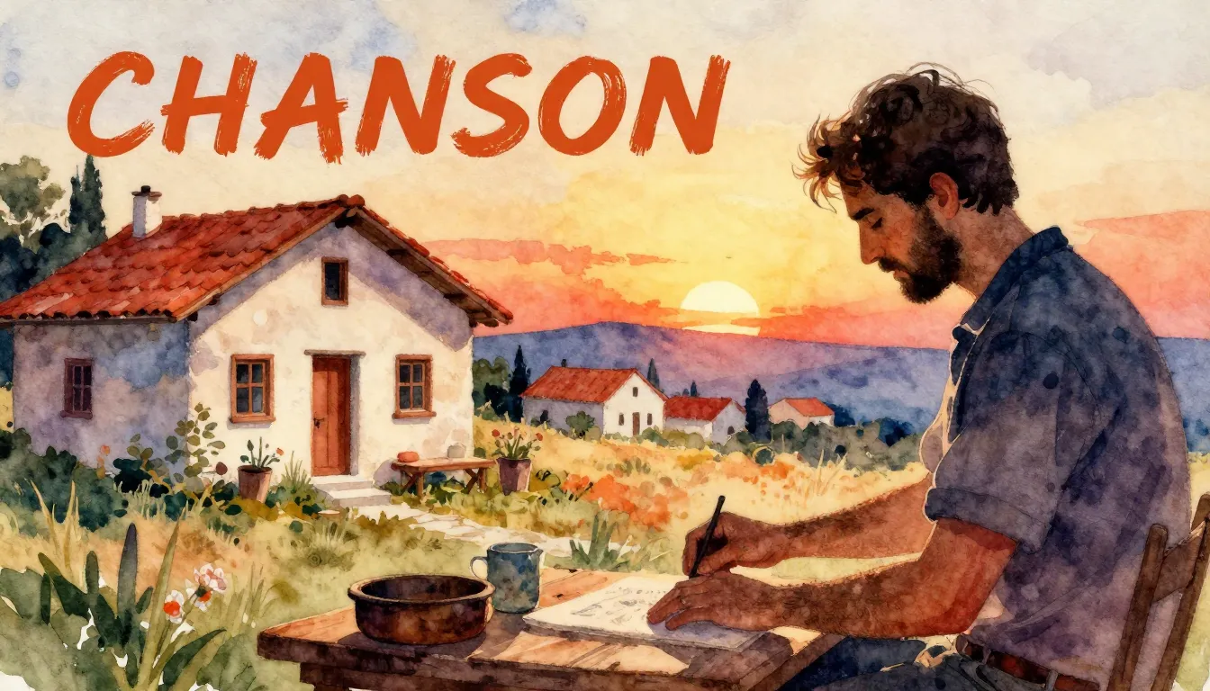 Vibrant watercolor style. Chanson album cover, warm and cozy...