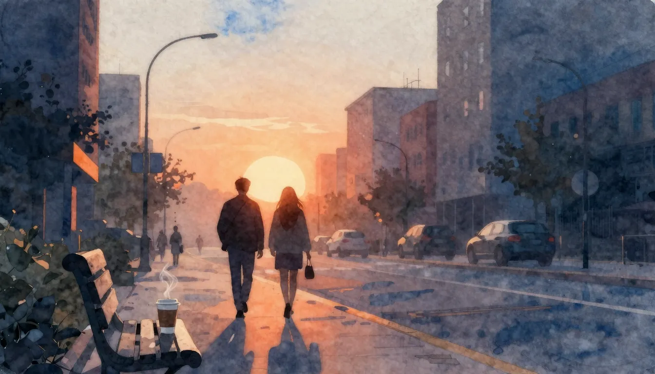 Watercolor style. Silhouette of two figures walking towards ...