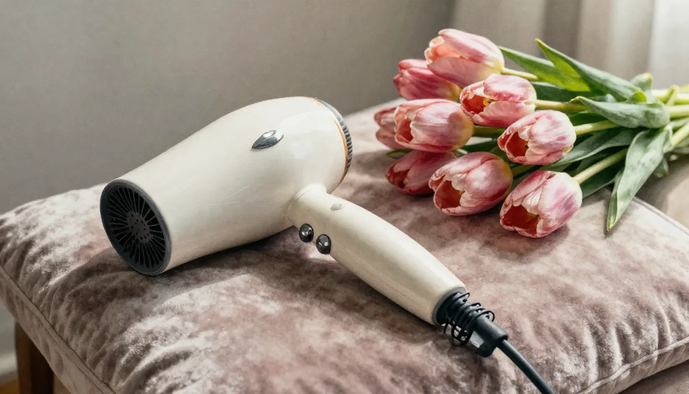 Watercolor style. A vintage hair dryer lying on a velvet cus...