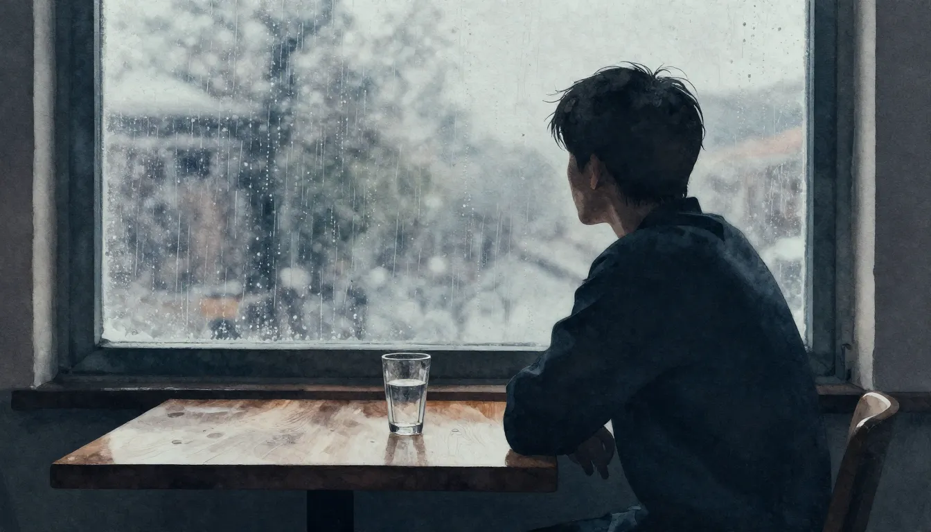 Watercolor style. A silhouette of a person sitting alone at ...