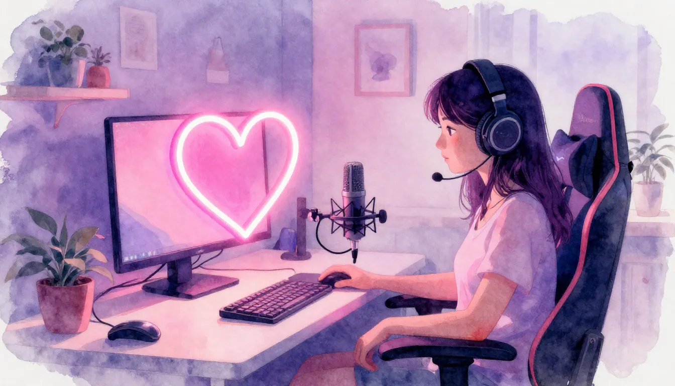 Watercolor style. A cozy streaming setup with a glowing neon...