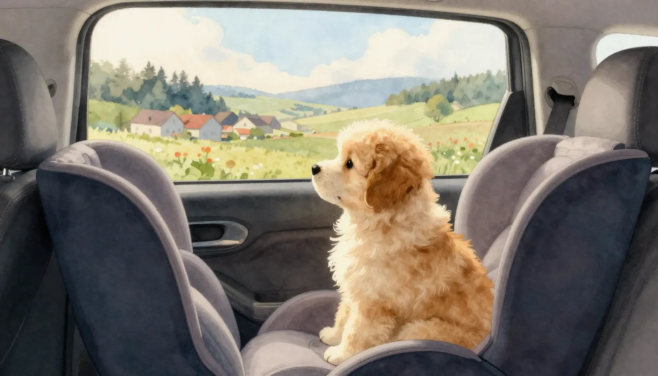 Watercolor style. A cute fluffy puppy sitting in a cozy car ...