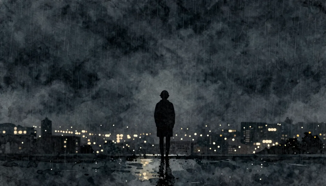 Watercolor style. A lonely silhouette of a person standing u...