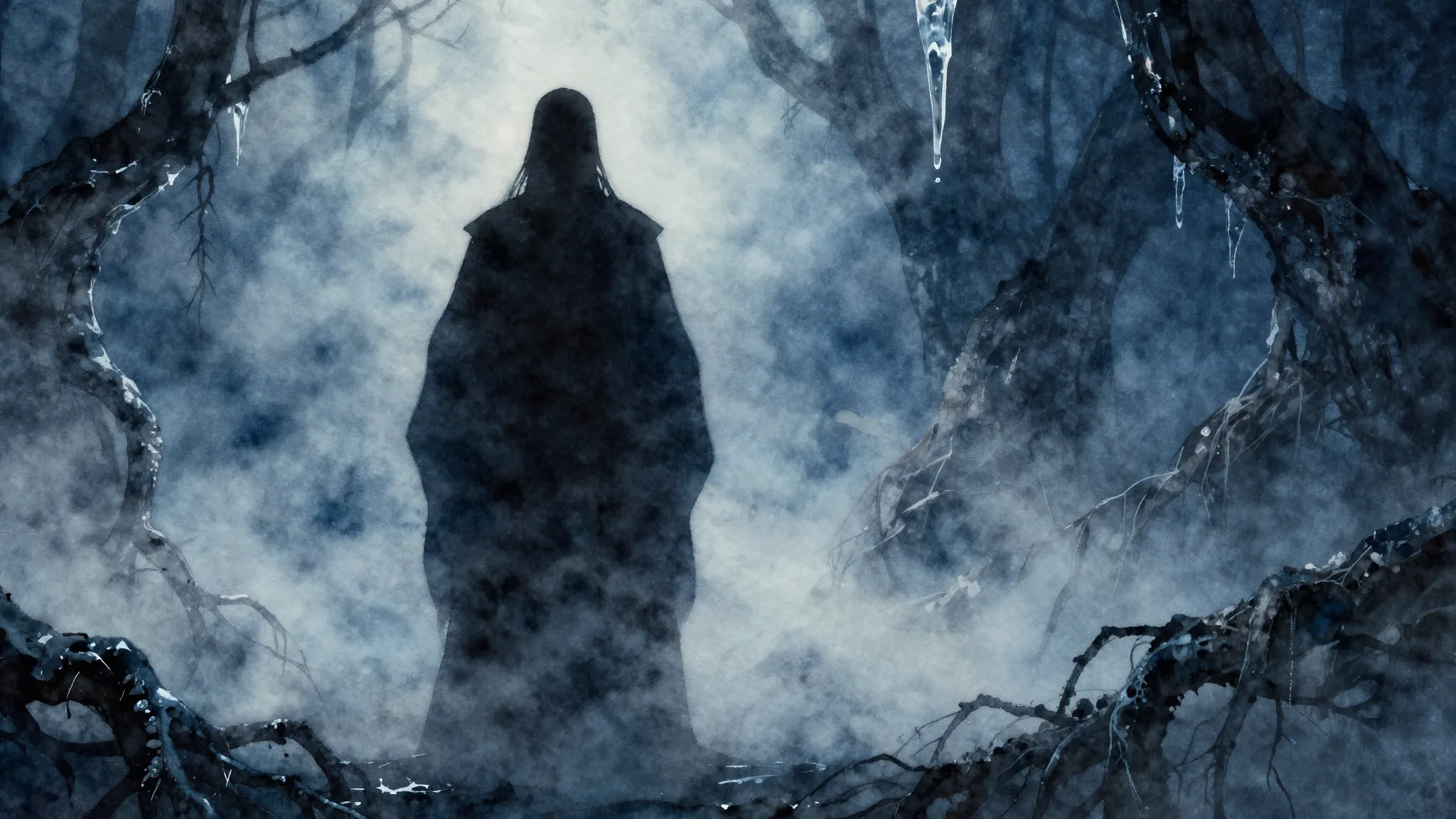 Watercolor style. A dark silhouette of a mystical figure sta...