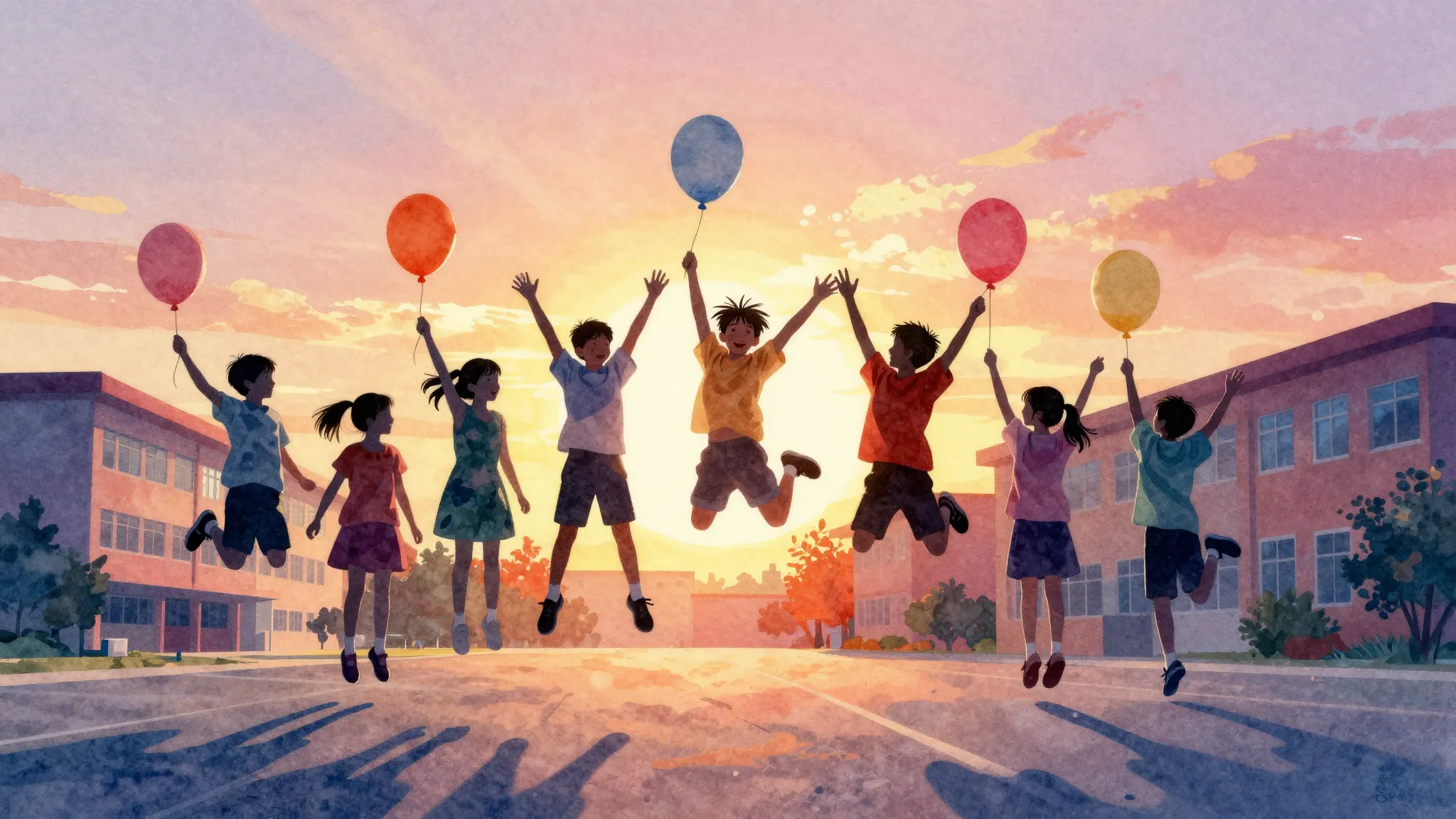 Watercolor style. Silhouettes of a group of children jumping...