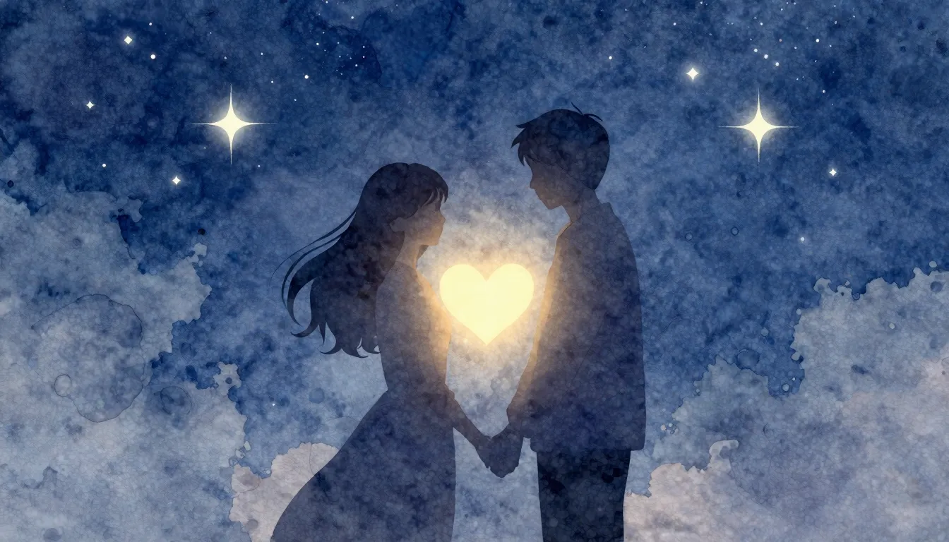 Watercolor style. A silhouette of a couple holding hands, st...