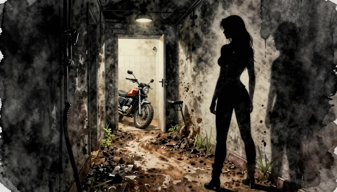 Watercolor style. A silhouette of a woman standing in a dark...