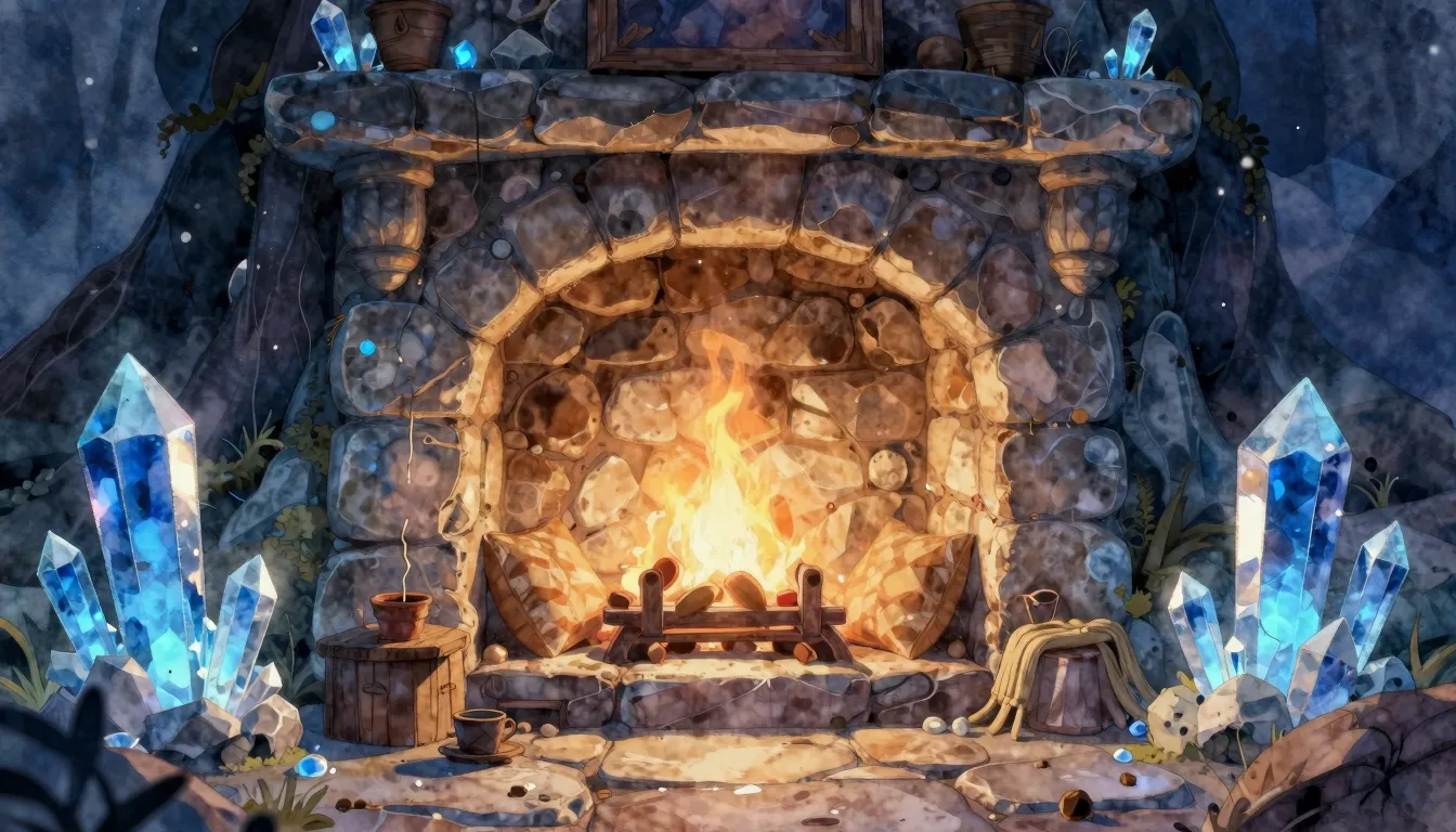 Watercolor style. Cozy stylized fantasy den with glowing blu...