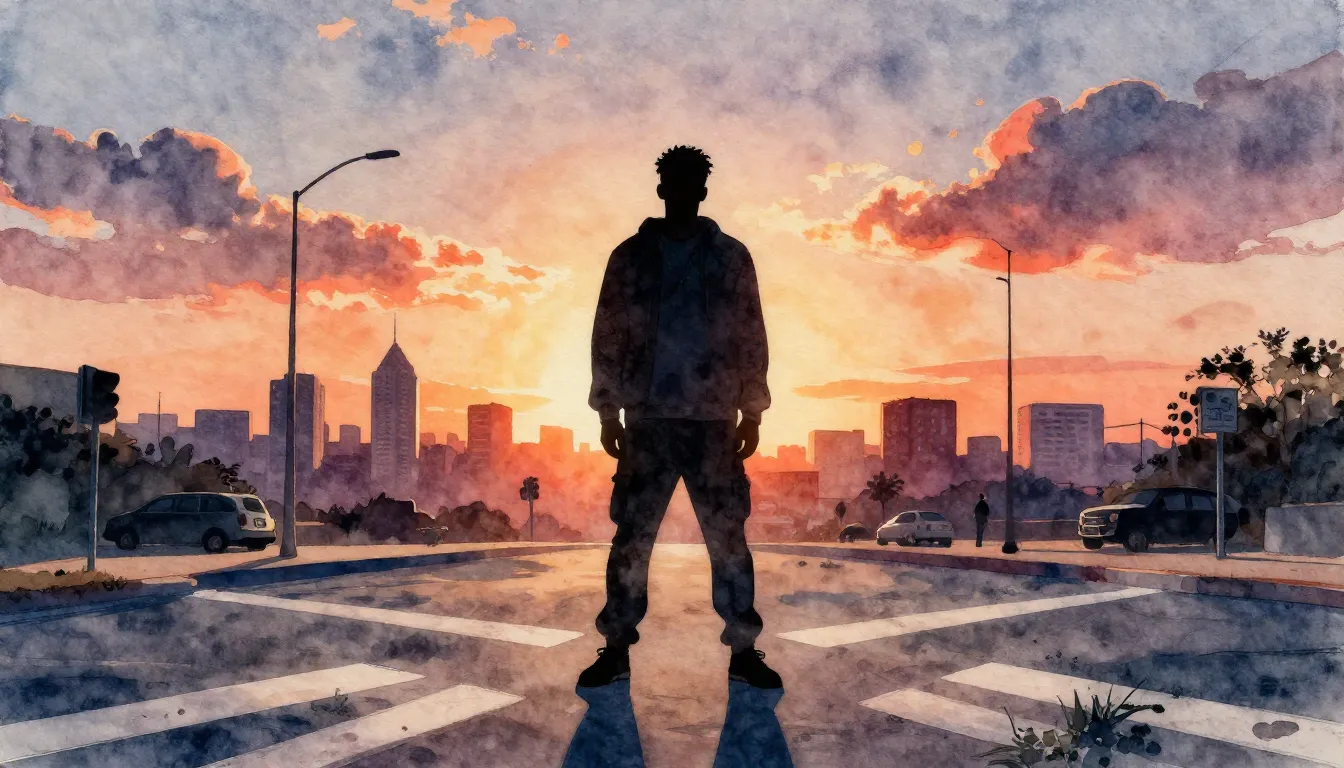 Watercolor style. A silhouette of a man standing at a crossr...