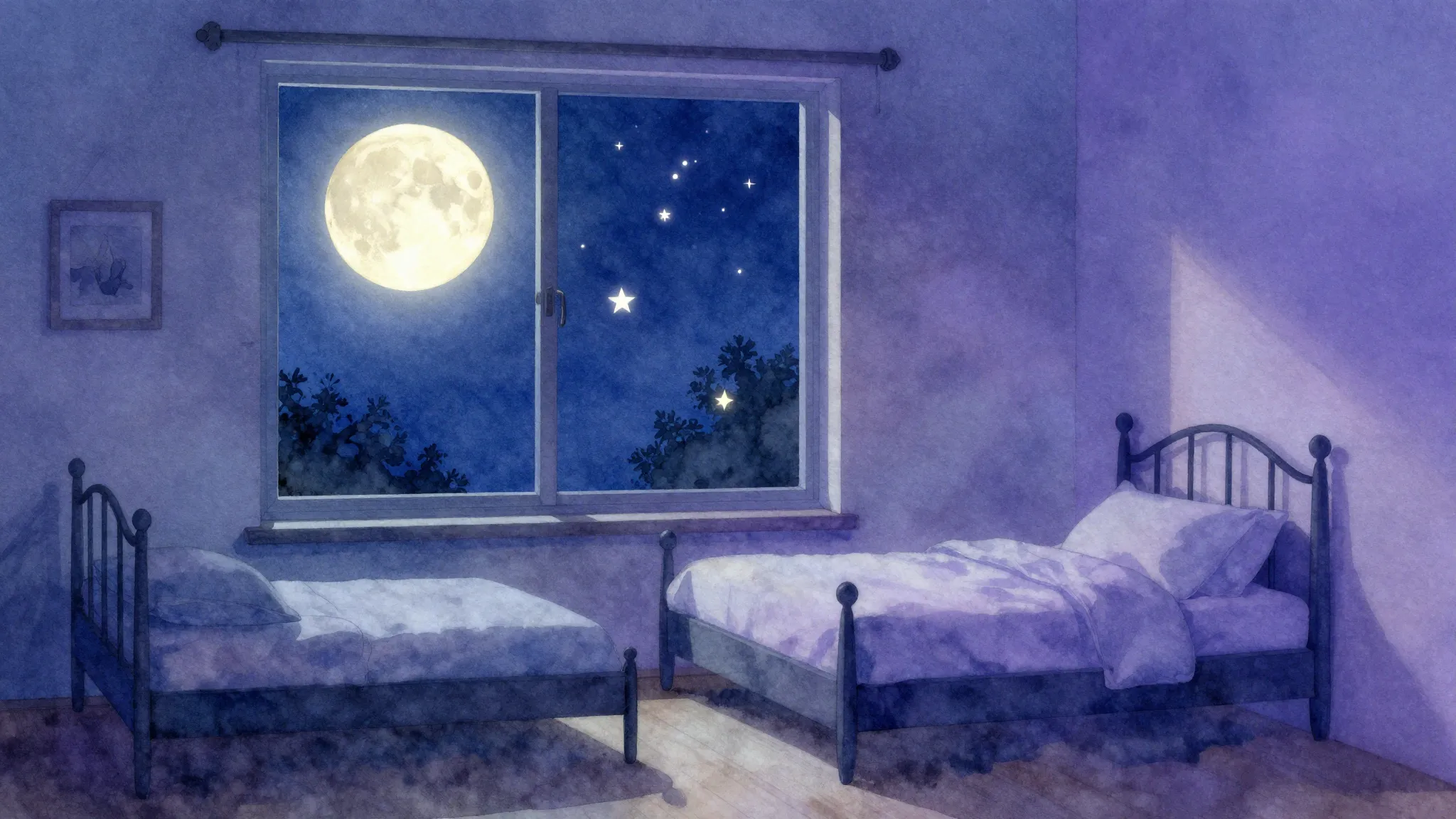Watercolor style. A cozy night room with a glowing moon outs...