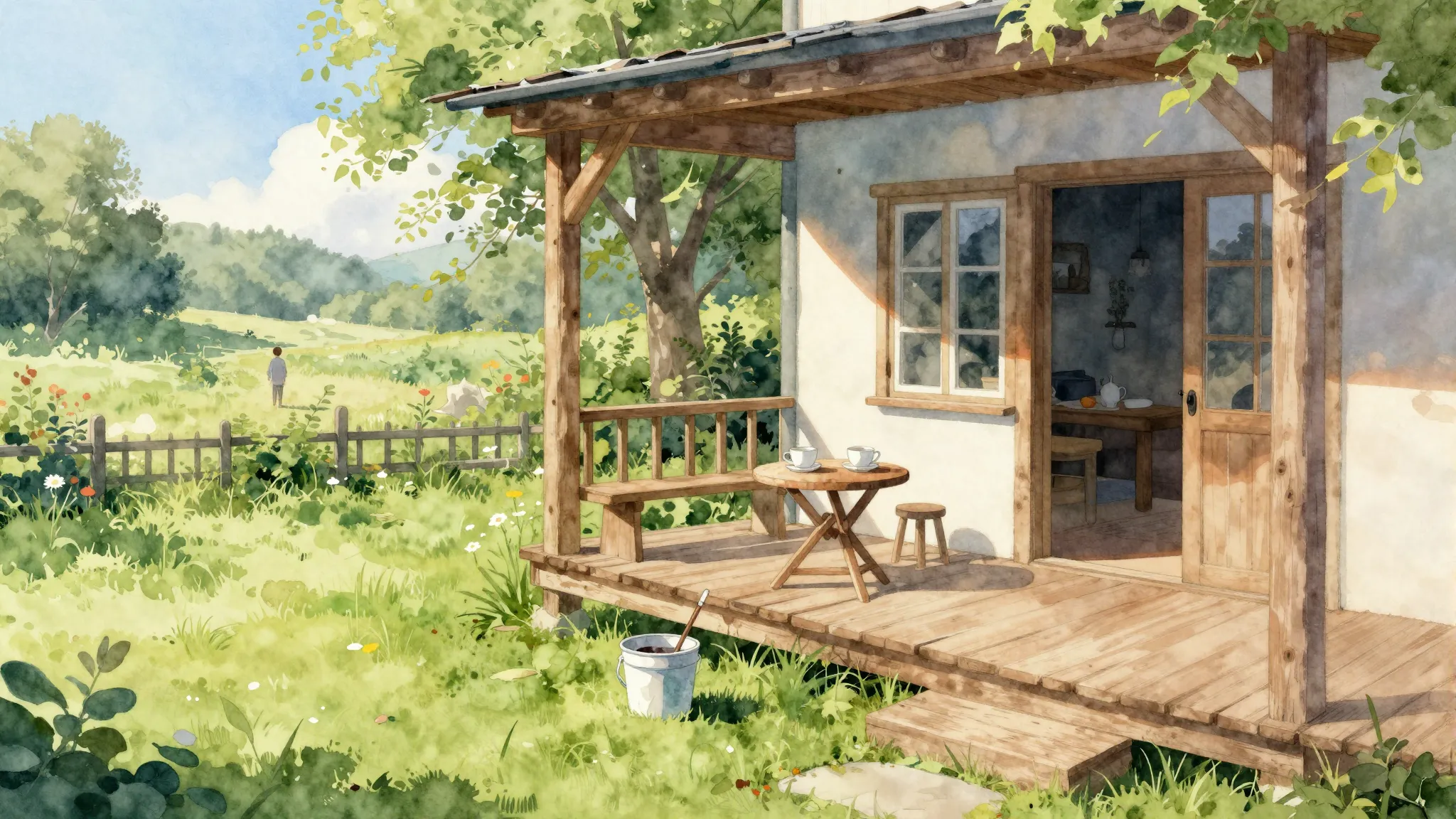 Watercolor style. A bright sunny backyard of a country house...