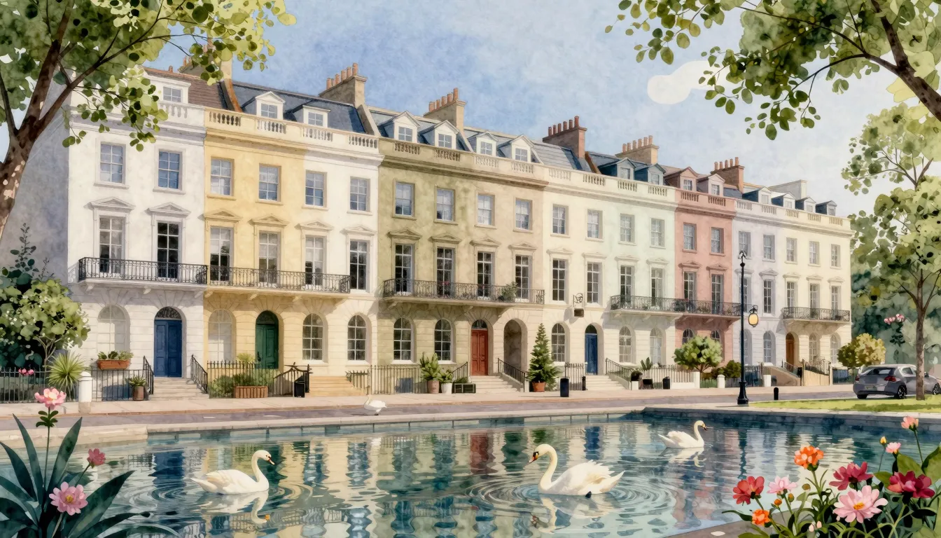 Watercolor style. Elegant townhouse row, scenic landscape de...