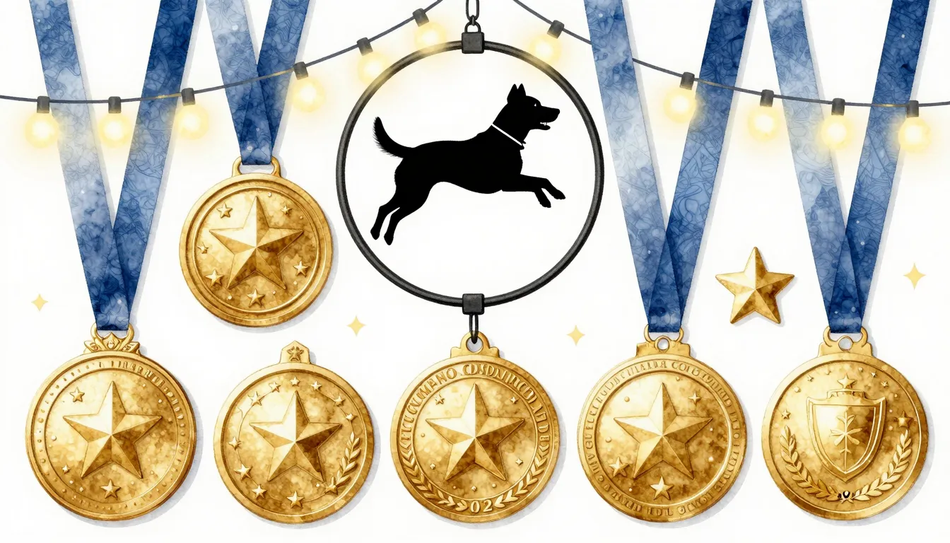 Watercolor style. A collection of shiny gold medals and trop...