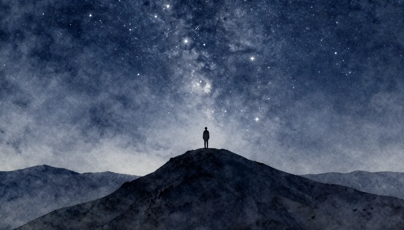 Watercolor style. A lone silhouette standing on a high mount...