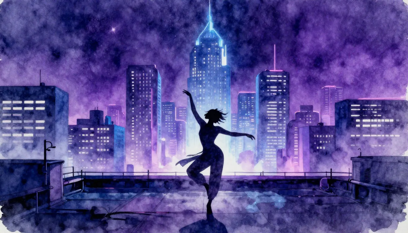 Watercolor style. A silhouette of a person dancing on a roof...