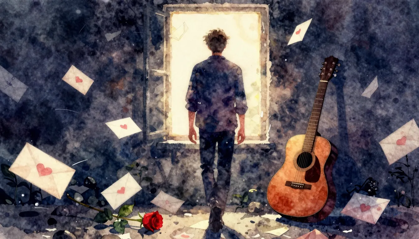Vibrant watercolor style. A rock album cover featuring a blu...