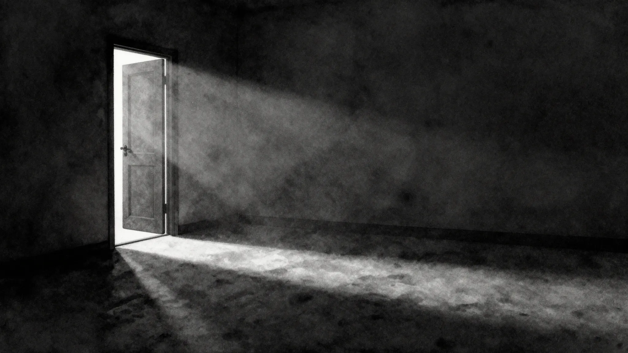 Watercolor style. A dark, dusty room with a single door slig...