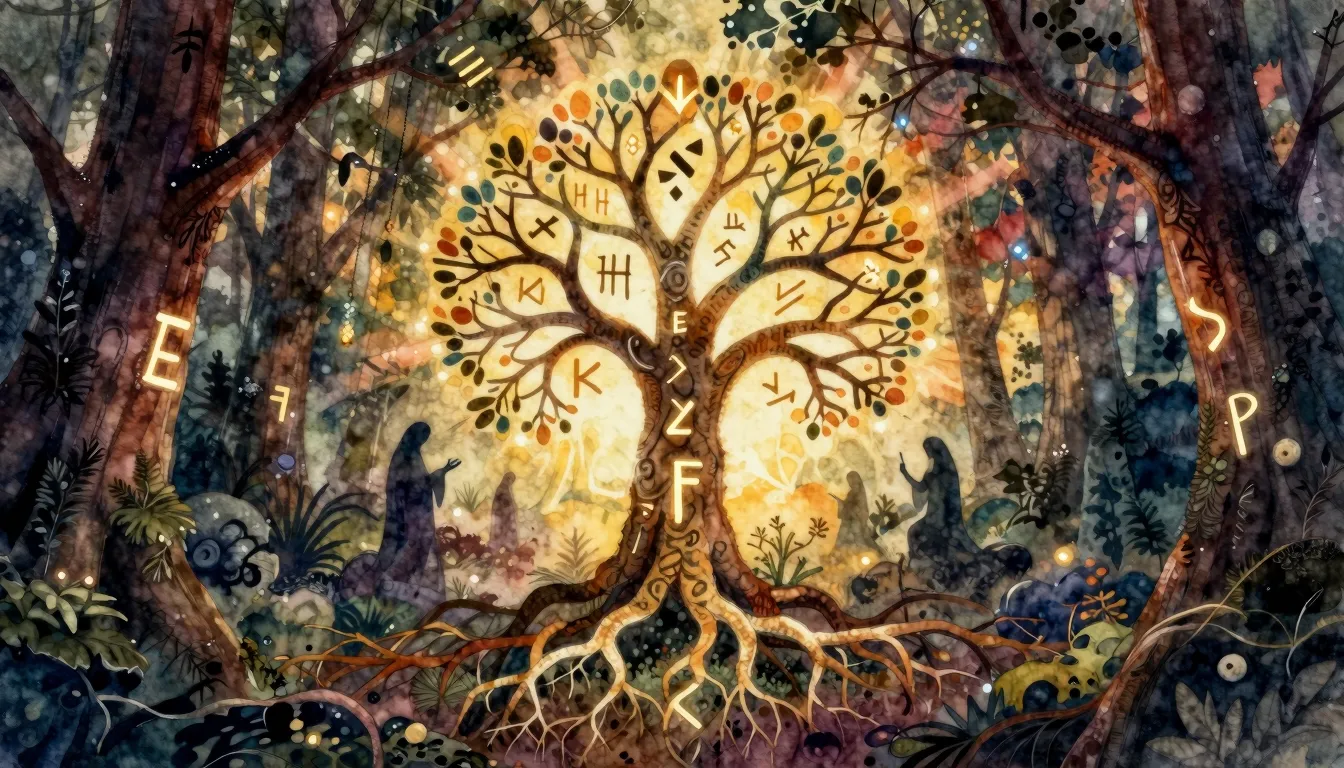 Vibrant watercolor style. Mystic Slavic folk album cover, an...