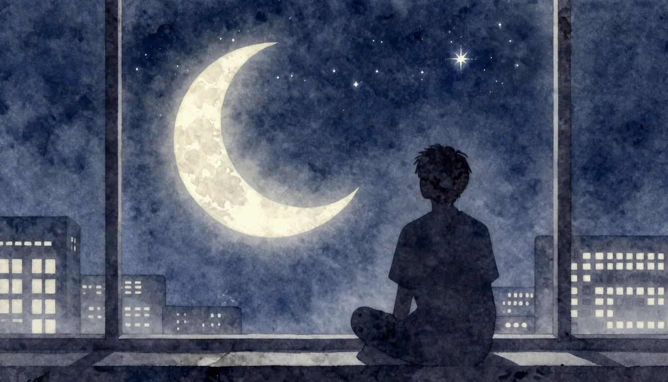 Watercolor style. A dark silhouette of a person sitting by a...