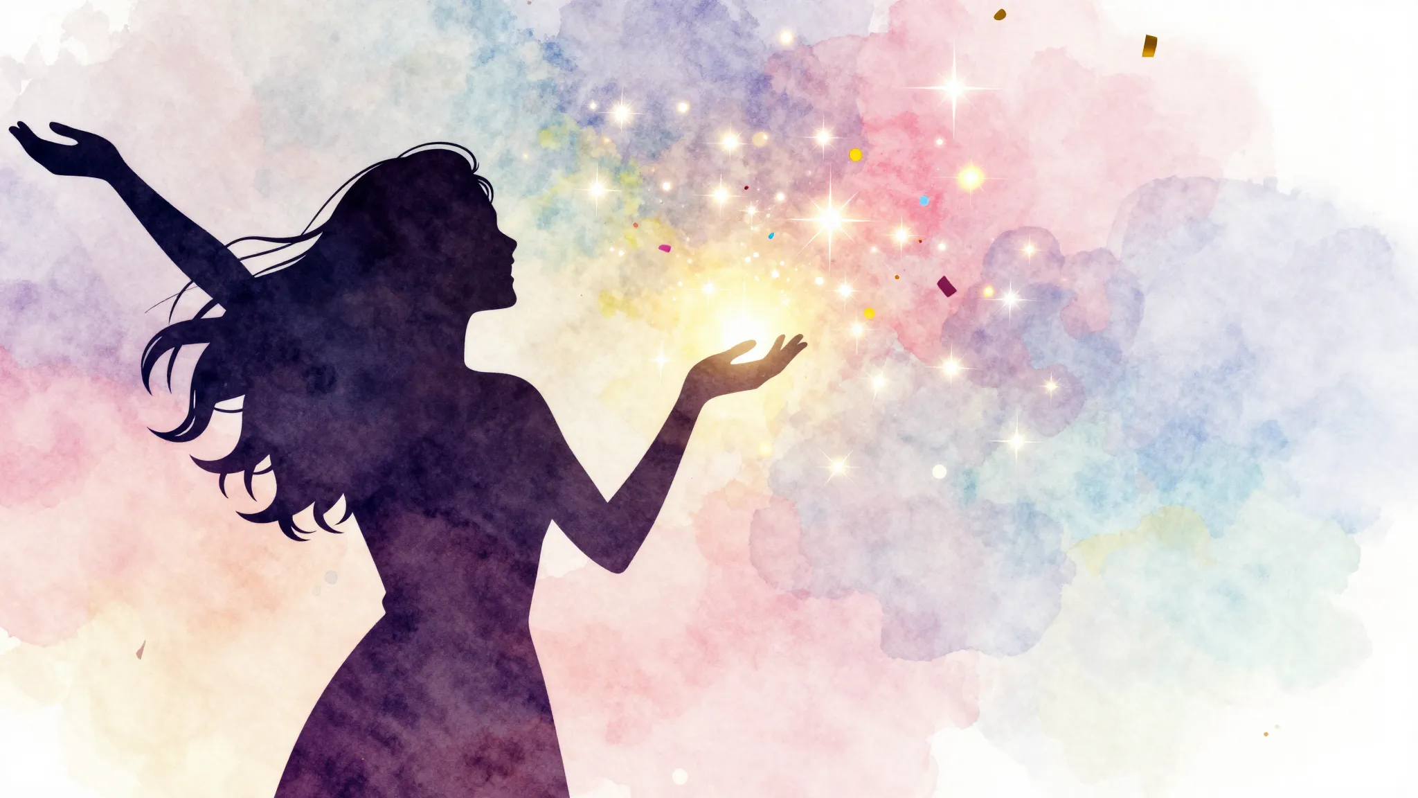Watercolor style. Silhouette of a joyful woman surrounded by...