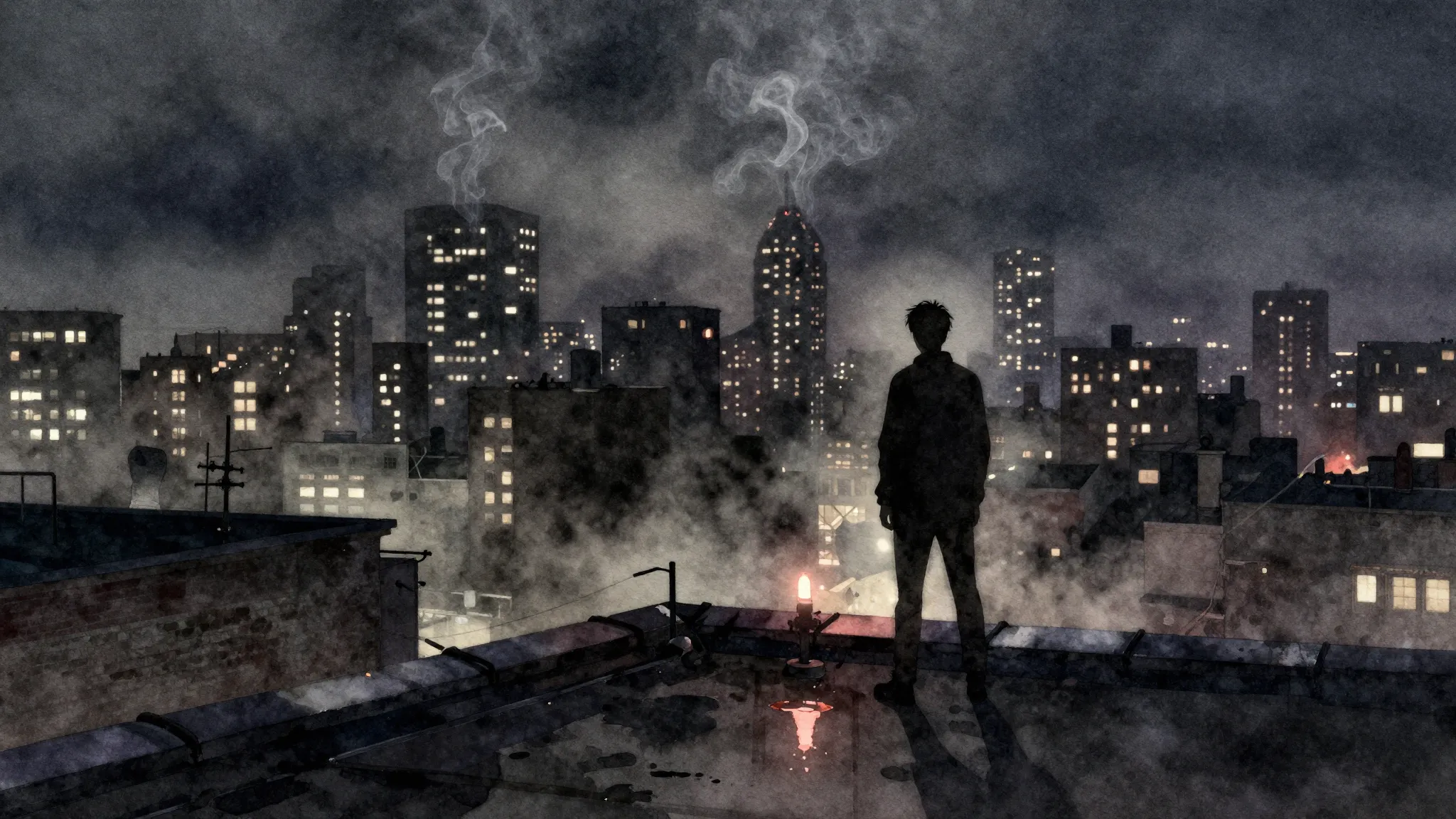 Watercolor style. A lone silhouette stands on a rooftop over...