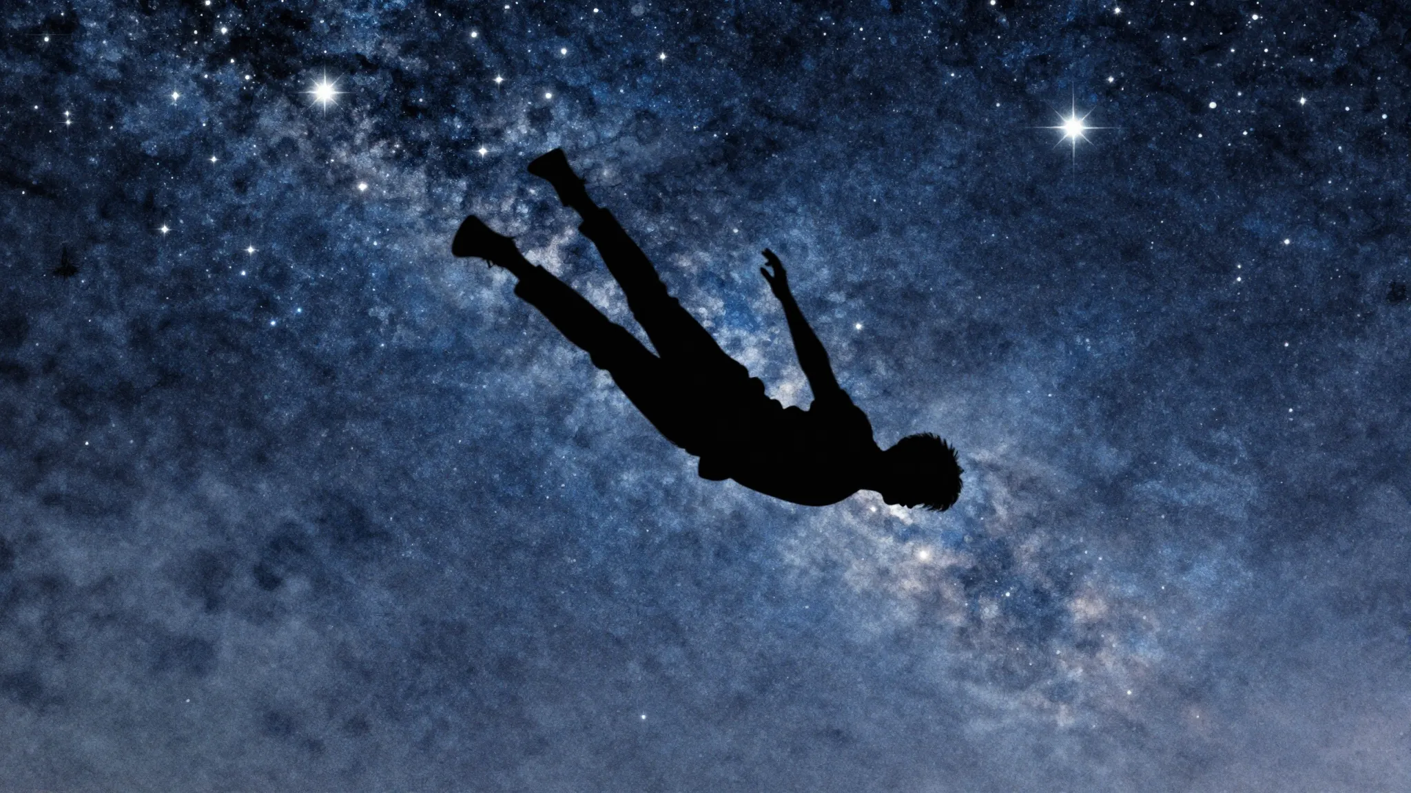 Watercolor style. A silhouette of a man falling into a starr...