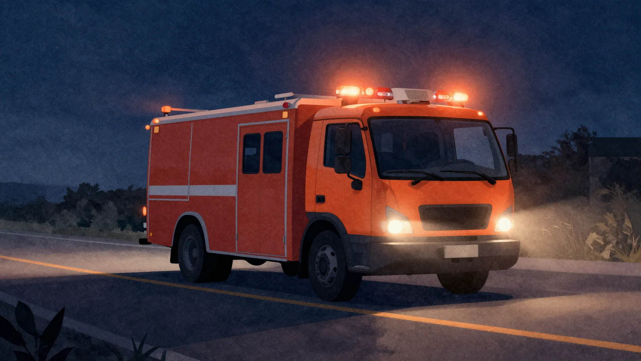 Watercolor style. A silhouette of a rescue vehicle with flas...
