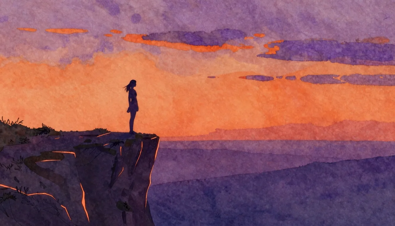 Watercolor style. A lone female silhouette standing on a hig...