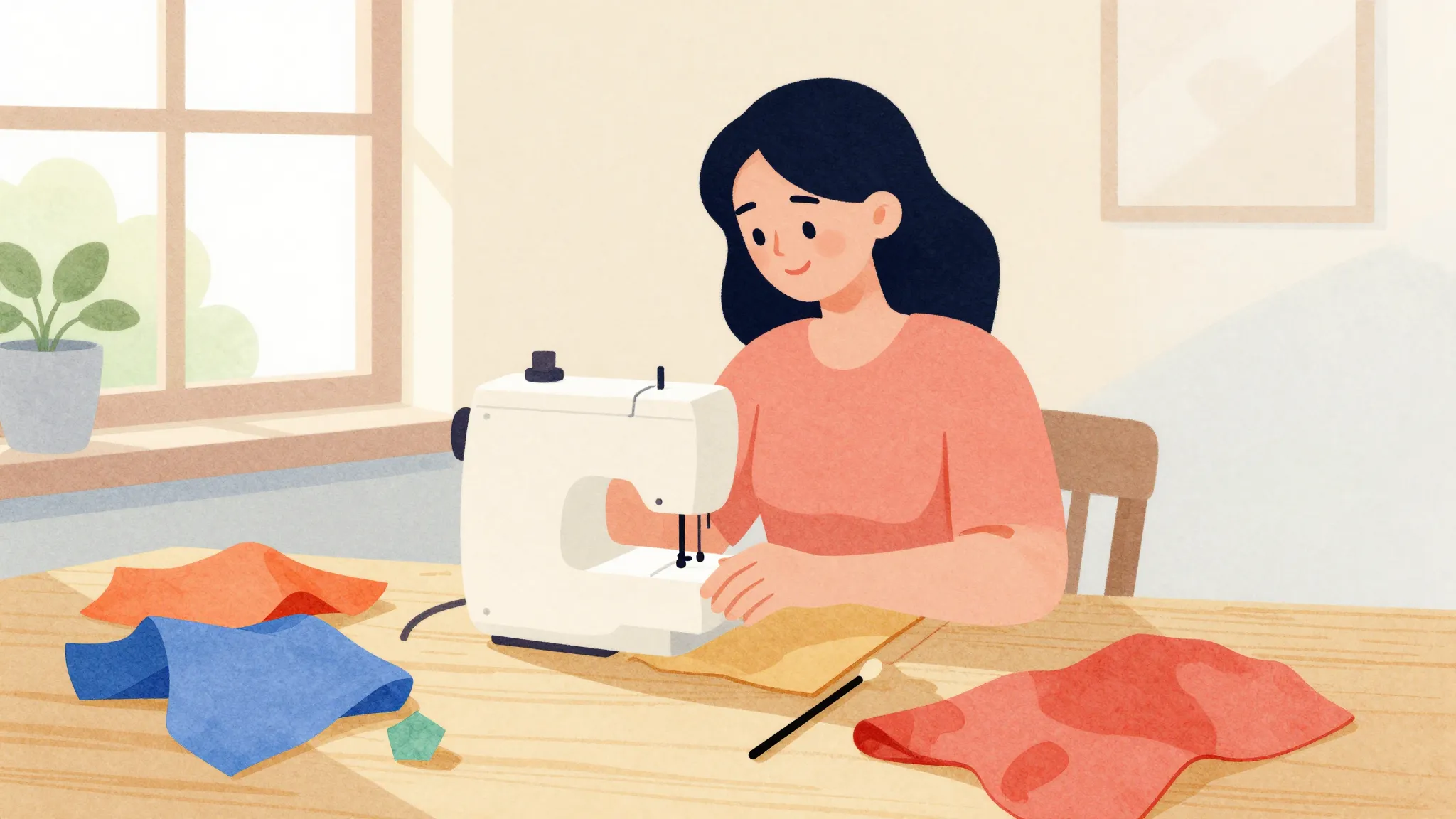 Watercolor style. Silhouette of a cheerful woman sewing at a...