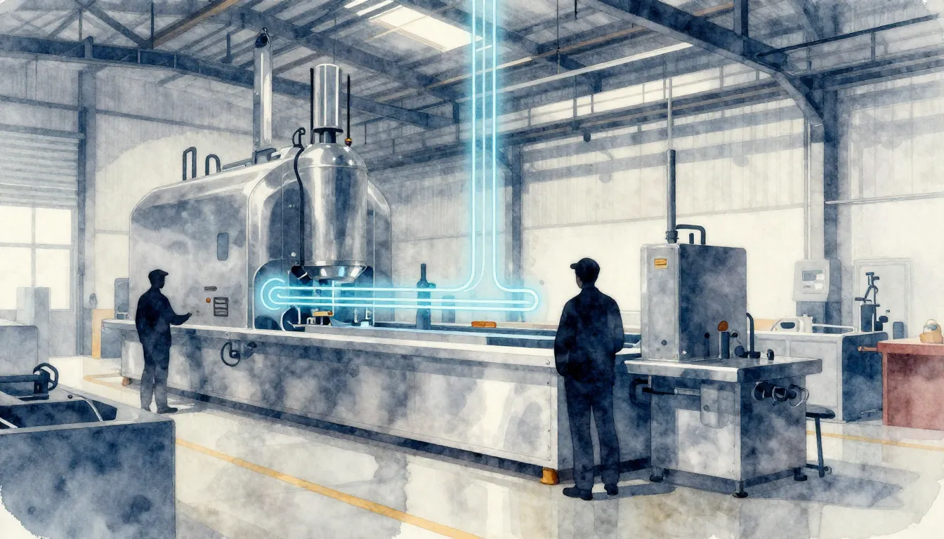 Watercolor style. Abstract factory interior with metallic su...