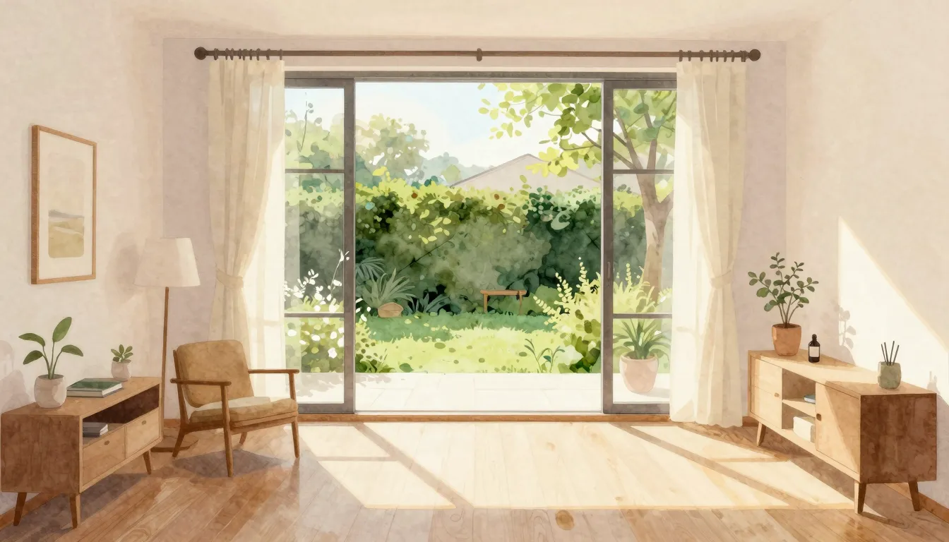 Watercolor style. Cozy sunlit room interior with a large win...