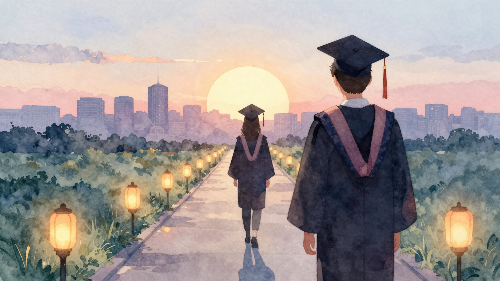 Watercolor style. A silhouette of a young person in a gradua...
