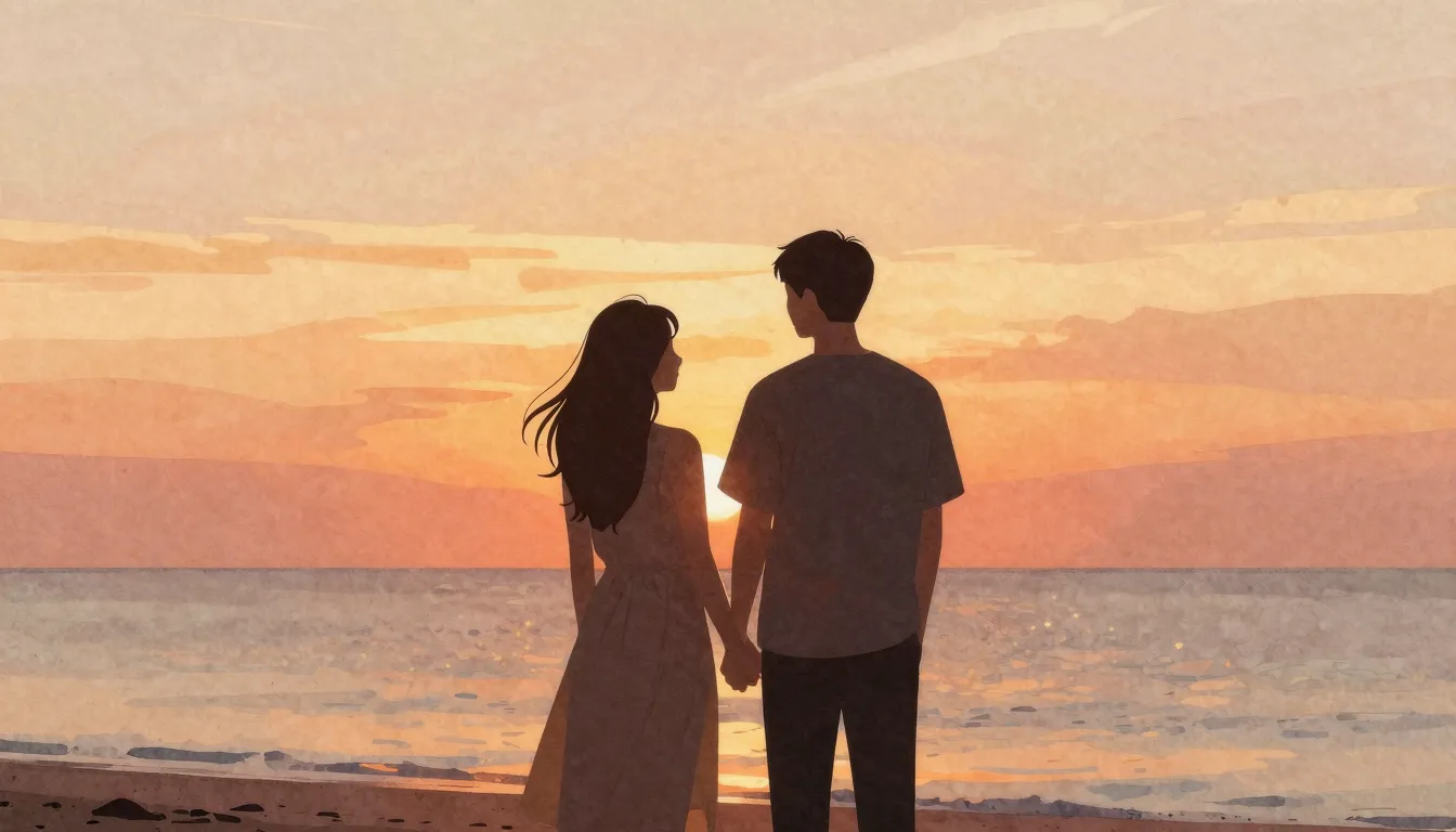 Watercolor style. A silhouette of a couple standing by the s...