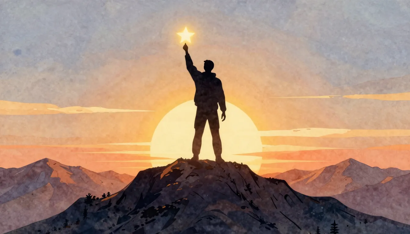 Watercolor style. Silhouette of a winner standing on a mount...