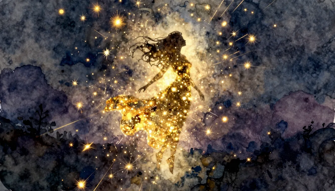 Watercolor style. A silhouette of a floating female figure m...
