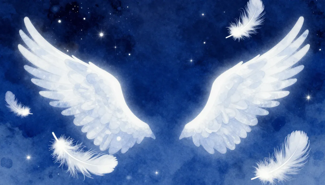 Watercolor style. Glowing white feathers falling against a d...