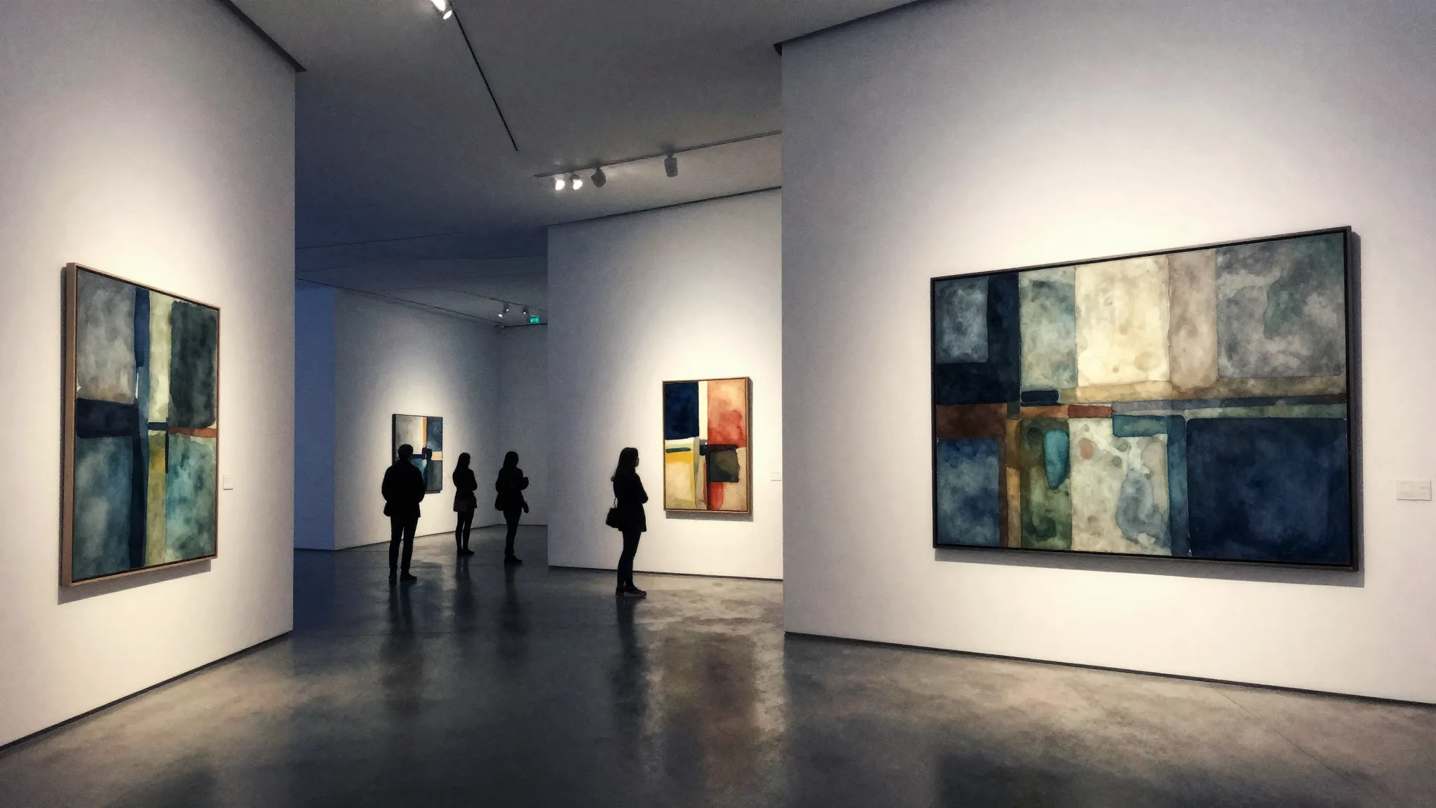 Watercolor style. A modern art gallery interior, abstract pa...