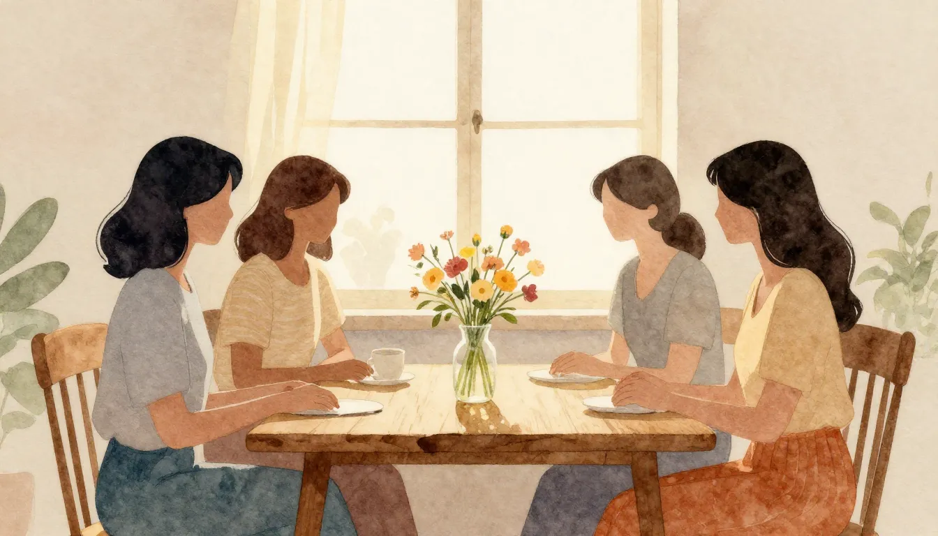 Watercolor style. Silhouettes of four women sitting at a coz...