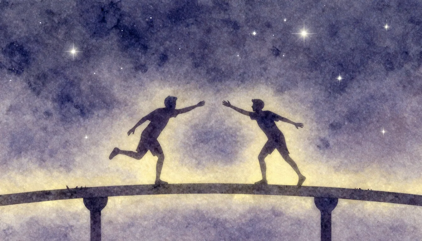 Watercolor style. Two silhouettes reaching towards each othe...
